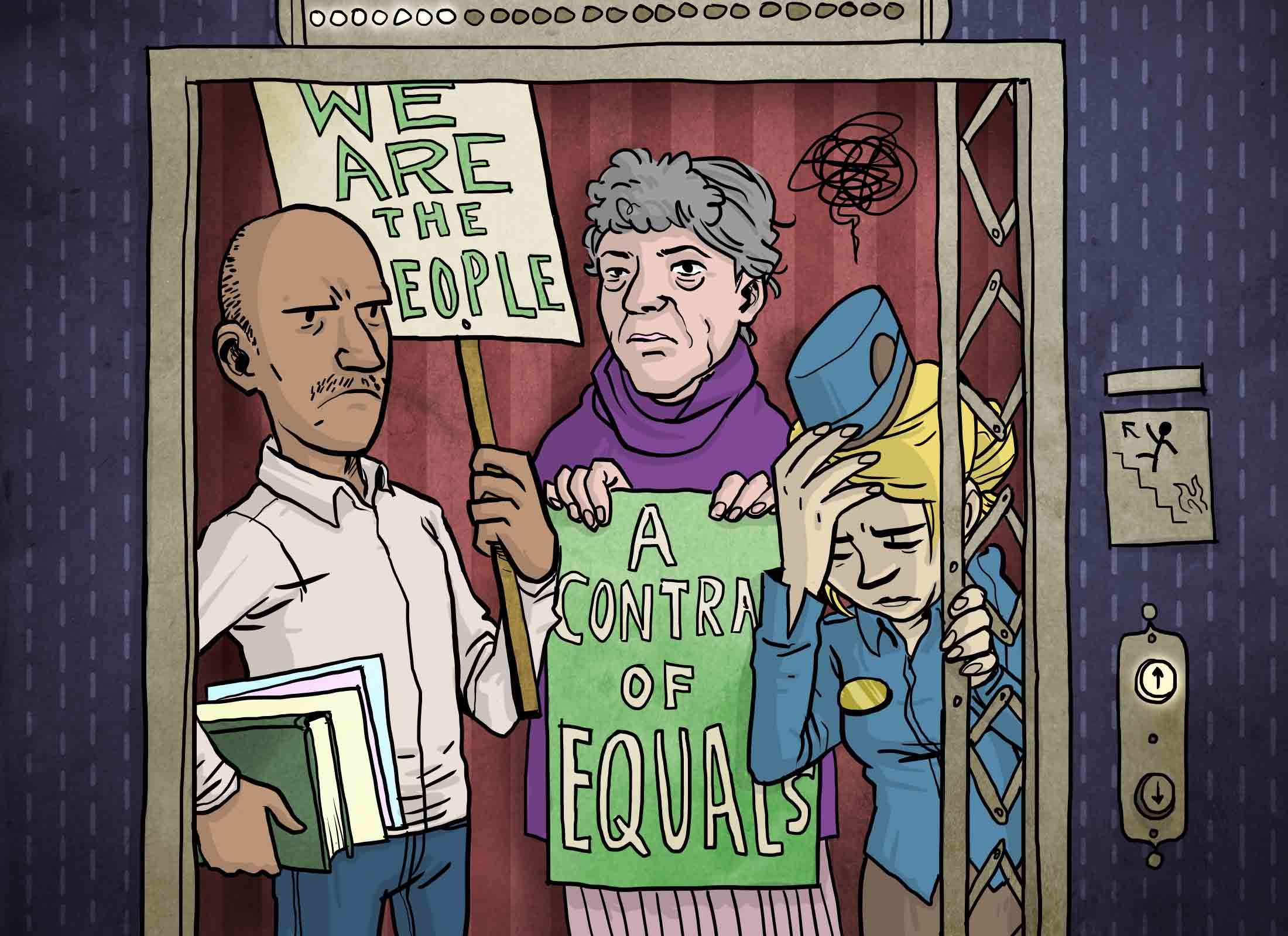Protestors on an elevator